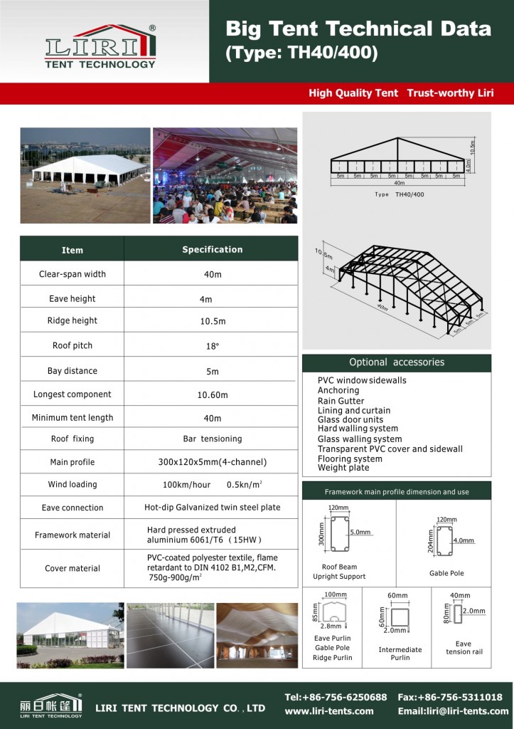 Specification for TH40m width tent(Peggy-Liri Tent)