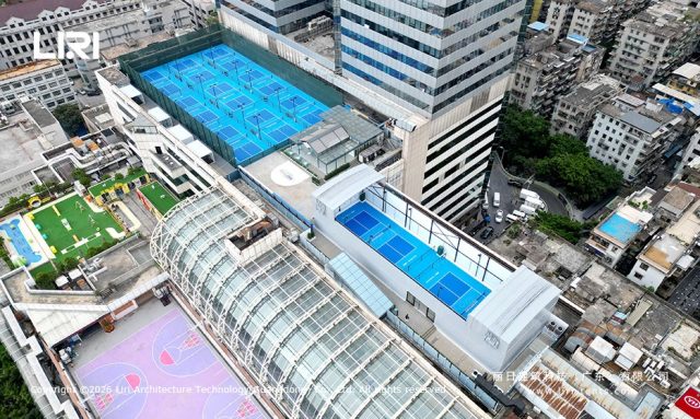 Electric push-pull peak court on city rooftop - open position