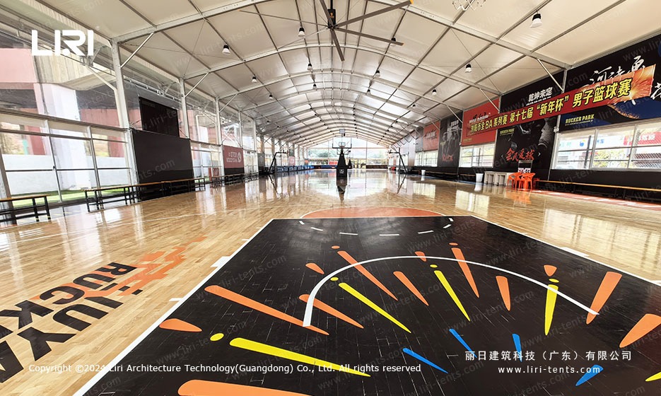 aluminum frame court marquee showing branded basketball floor