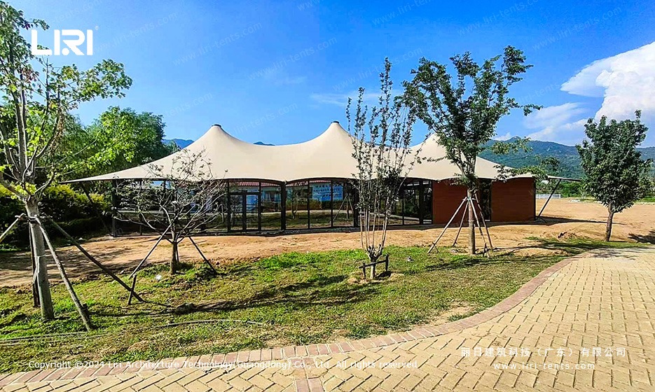 Front view of three-peak tension membrane marquee