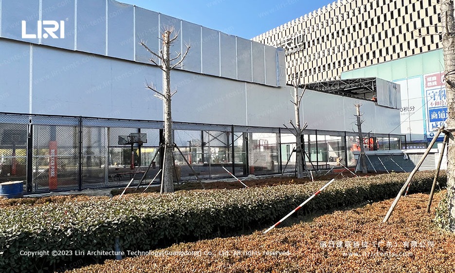 Basketball Marquee Side View with Garden Landscape