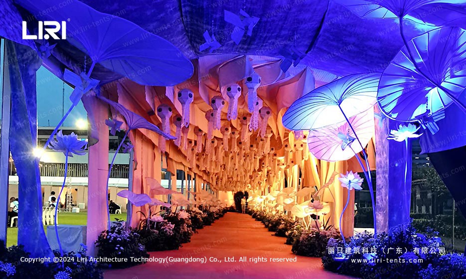 Clear span marquee tent interior with natural daylight at Thailand fan zone venue