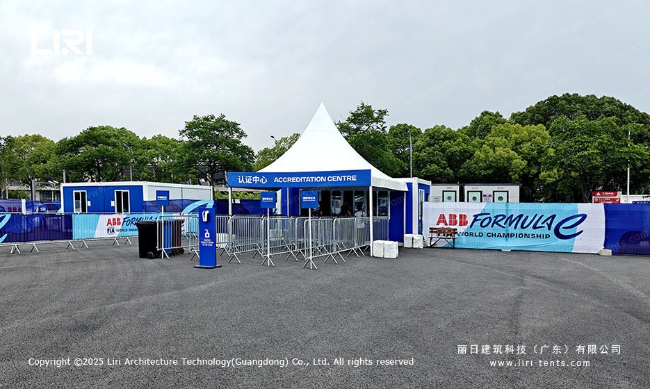 Accreditation Centre high peak pagoda tent in white with ABB Formula E branding at the Shanghai E-Prix