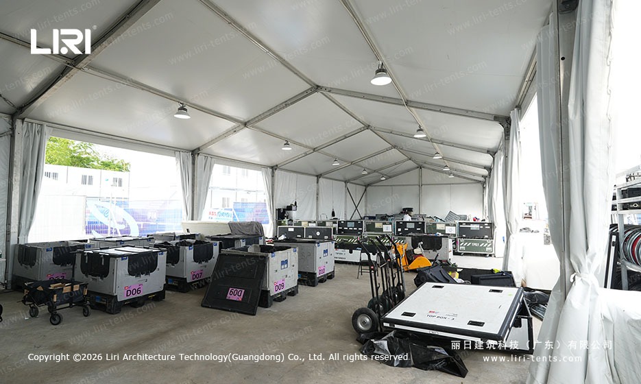 Marquee Storage Interior with Road Cases and Race Gear