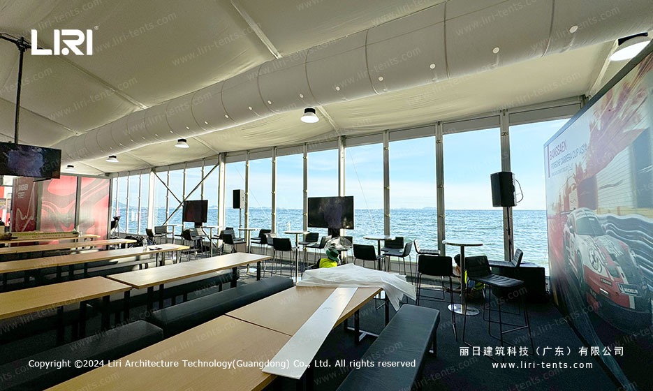 Ocean view VIP lounge interior with glass walls