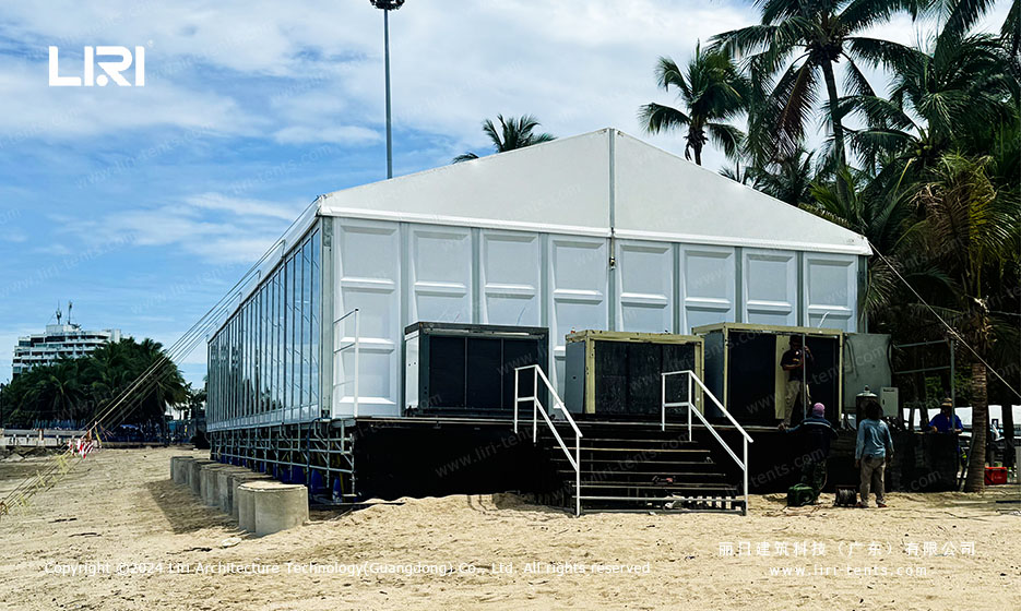 Side view of beachside marquee tent structure