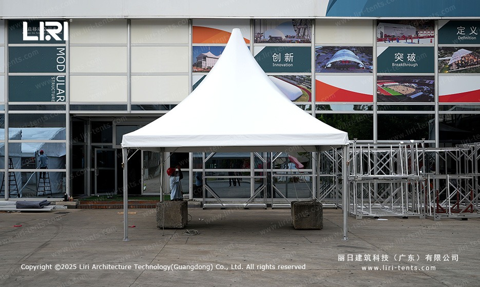 5x5m pagoda marquee tent front view at exhibition center entrance
