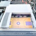 Purple gable marquee electric retractable roof open aerial of rooftop basketball court with purple key area