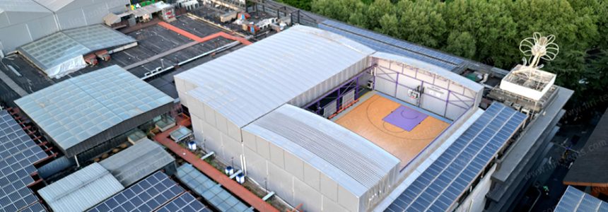 Purple Gable Twin Peak Marquee | Two Retractable Roof Bays Over a Rooftop Basketball Court