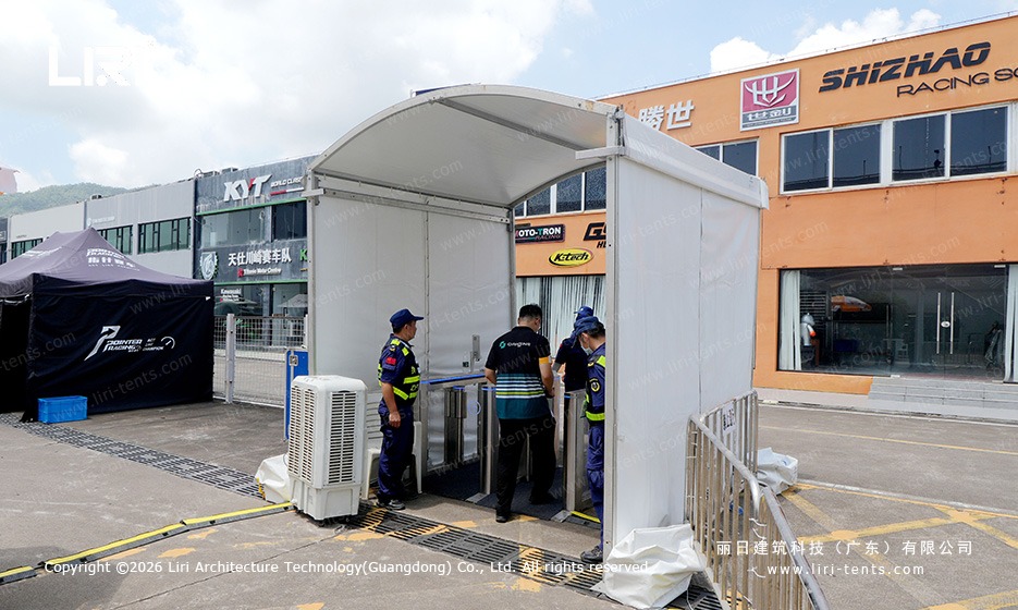 Race paddock security gate marquee tunnel for crew and personnel access